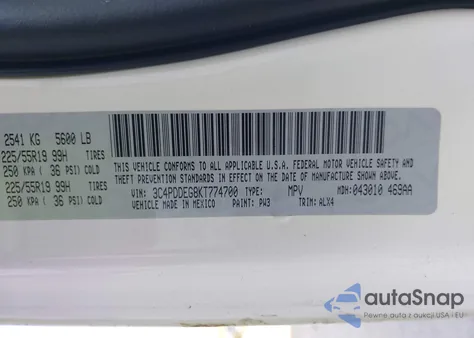 2019 Dodge Journey Gt Awd из США, поврежденный, VIN 3C4PDDEG8KT774700